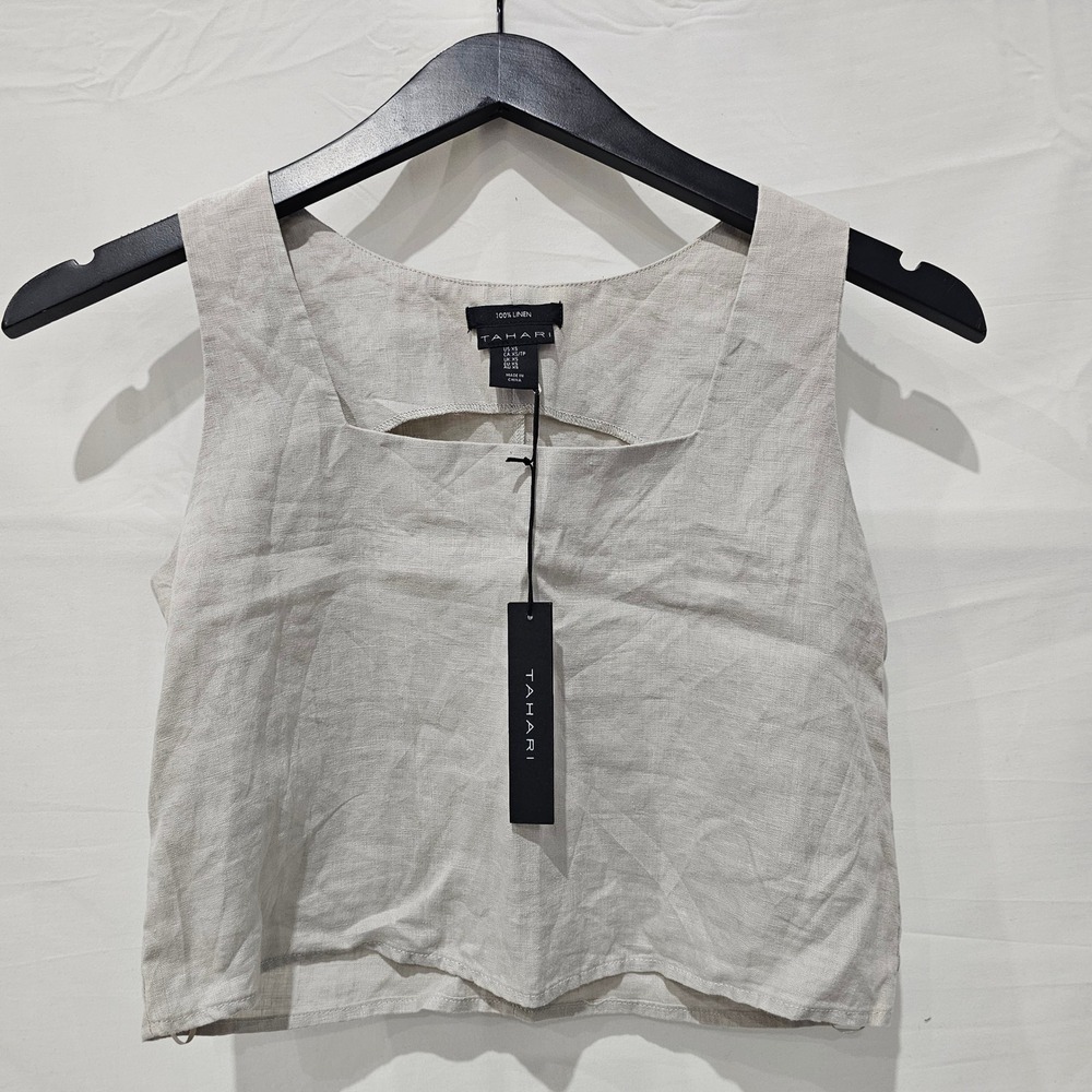 New Tahari Womens XS 100% Linen Square Neck Sleeveless Crop Top Beige NWT